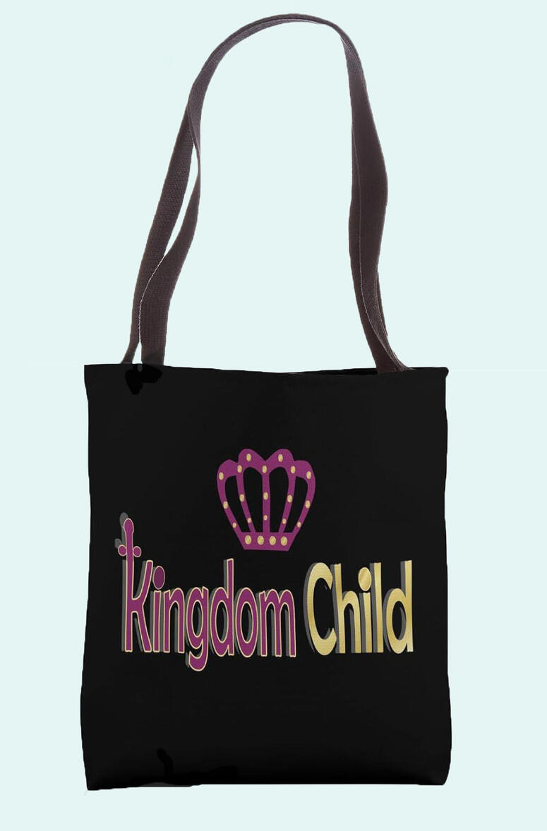 Kingdom Child Christian Tote bag, featuring a cross on the Kin in Kingdom, and a purlple and gold crown.