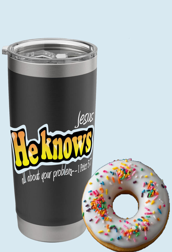 Jesus He Knows All About Your Problems Christian Black Tumbler, featuring big yellow and orange fonts.