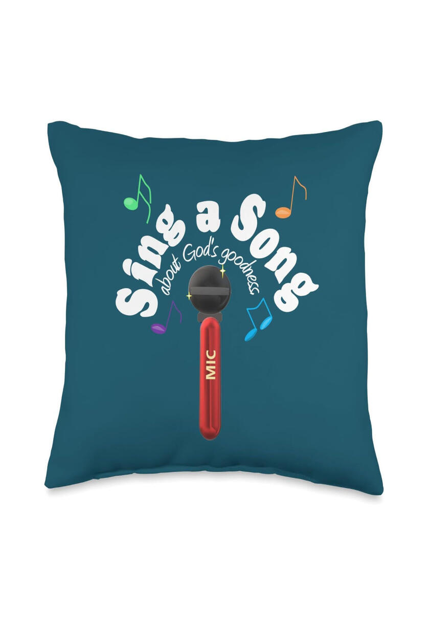 "Declare His praise with the 'Sing A Song About God's Goodness' throw pillow. Featuring a vibrant microphone and colorful music notes, it’s the perfect accent for the believer who loves to make music unto the Lord."