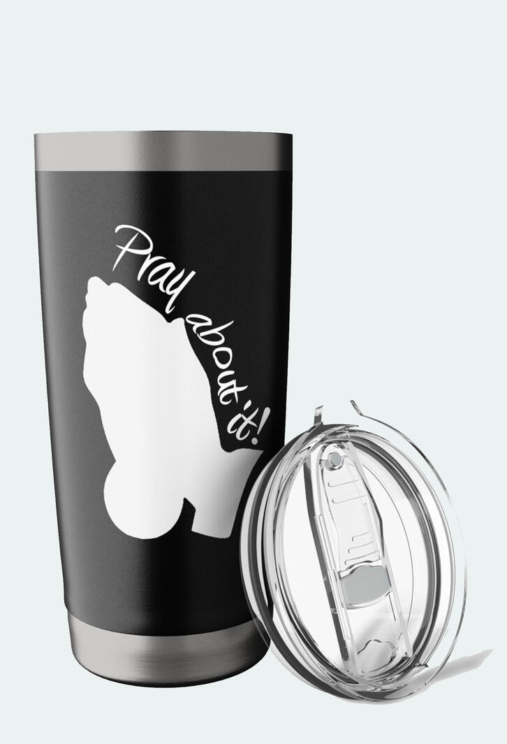 Pray About It! Black Christian Tumbler, featuring a white silhouette of praying hands.