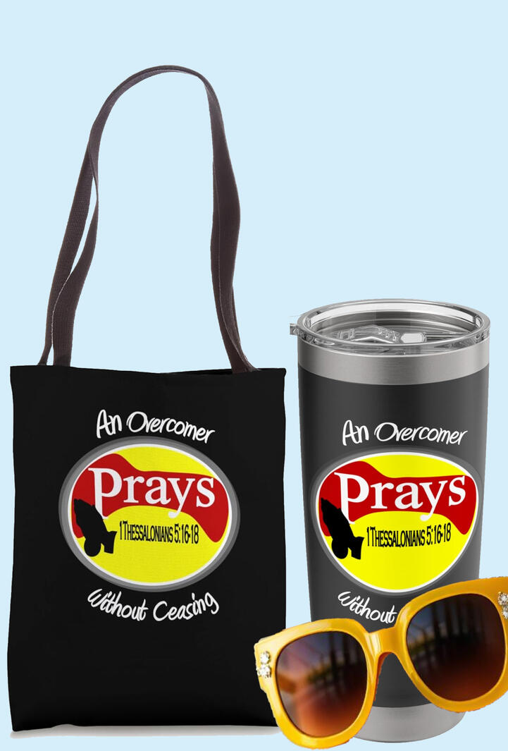 An Overcomer Prays Christian Tote Bag. Featuring a silhouette of praying hands, and a pun on a national brand.