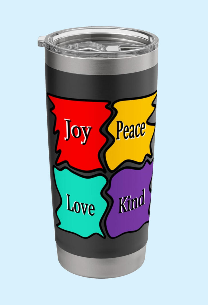 Joy, Peace, Love, Kind Puzzle Christian Tumbler. Features 4 sectioned color pieces to a puzzle design.