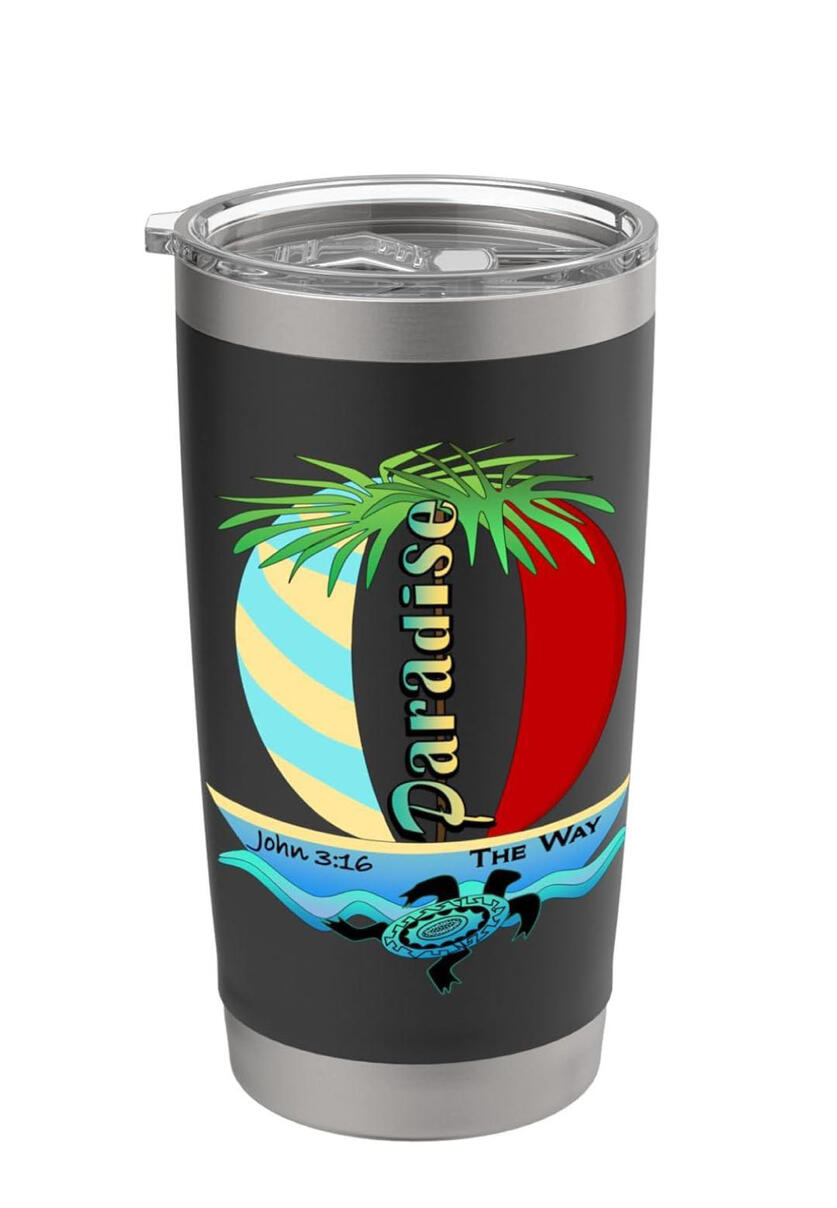 Sip in serene faith with the 'Paradise His Way' Christian Tumbler. Featuring a tropical boat scene, a stylized tribal turtle, and the beloved message of John 3:16, it’s the perfect travel companion for retreats, church workshops, and beach vacations.