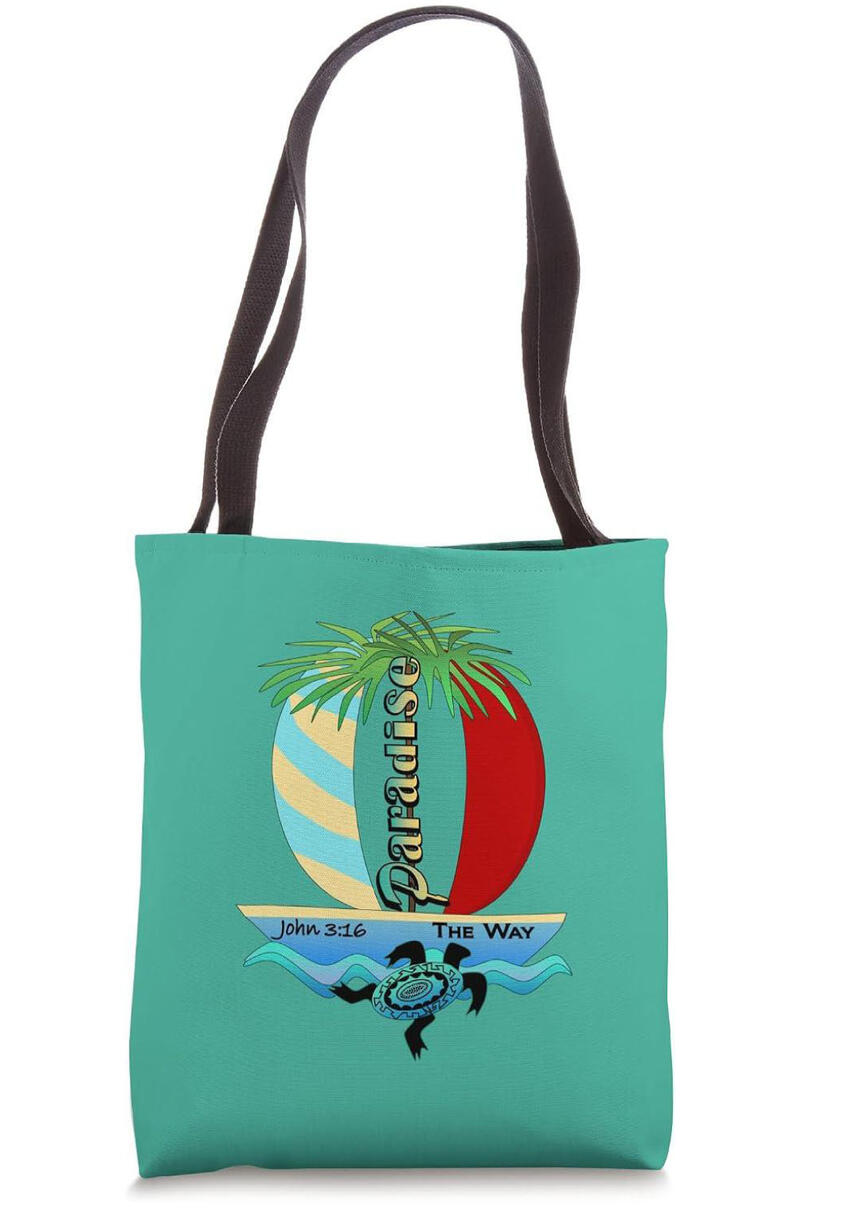 Sip in serene faith with the 'Paradise His Way' Christian Tote Bag. Featuring a tropical boat scene, a stylized tribal turtle, and the beloved message of John 3:16, it’s the perfect travel companion for retreats, church workshops, and beach vacations.