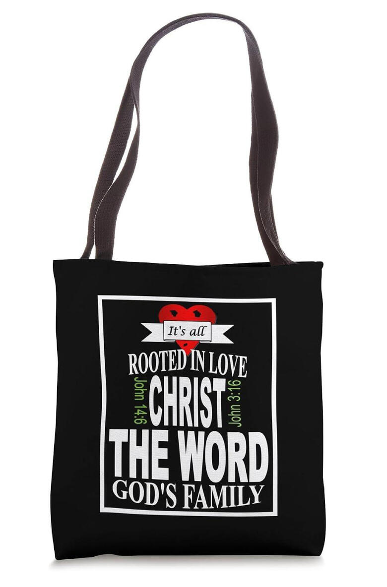 Celebrate your faith in style. The It’s All Rooted in Love, Christ, The Word, God’s Family Black Christian Tote Bag features a bold red heart emblem—a vibrant reminder of what matters most. Perfect for Christian concerts, faith workshops, music ministry.