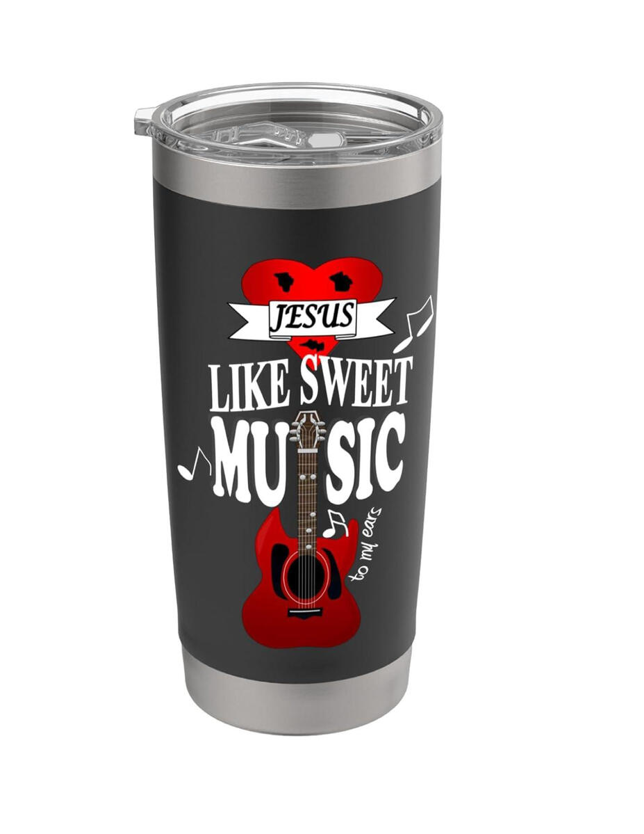 Jesus Like Sweet Music in My Ears Christian Tumbler featuring a vibrant red guitar and a heart-shaped love emblem, celebrating the joy of faith through music. Perfect for Christian music lovers, worship leaders, musicians, choir members