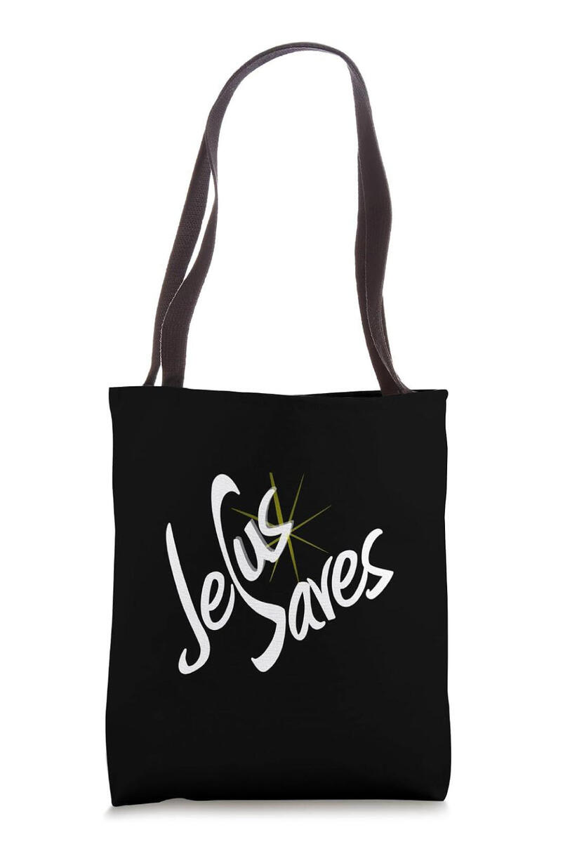 Jesus Saves Christian Tote Bag featuring elegant, bold white lettering that makes a powerful statement of faith. Perfect for carrying to church services, Bible studies, church events, faith-based workshops, or everyday errands.