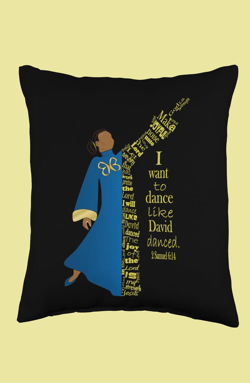 I Want to Dance Like David Danced Christian Throw Pillow features elegant gold lettering, a graceful praise dancer in liturgical attire, and inspiring word art. A beautiful accent for your bedroom, living room, sitting room, or prayer space.
