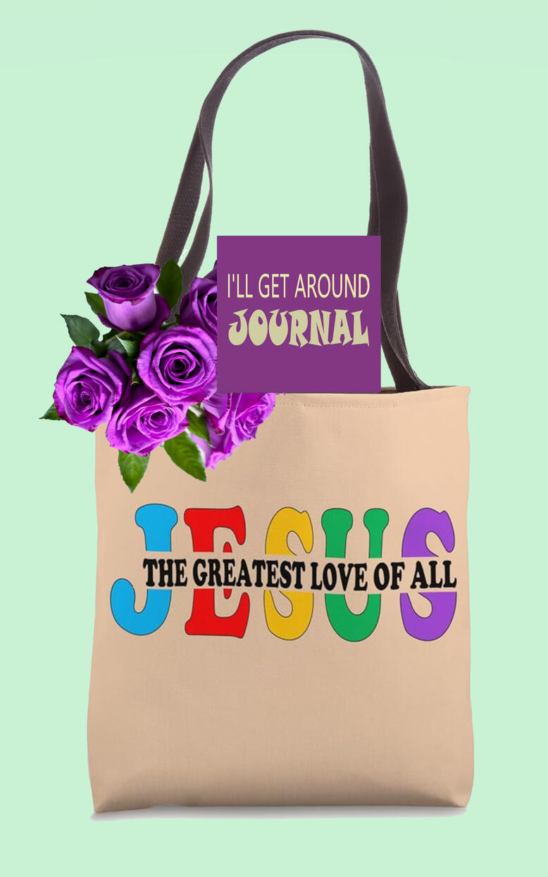 Jesus: The Greatest Love of All Christian Tote Bag features bold, colorful lettering that spells out JESUS, accented by a center banner displaying the message, "The Greatest Love of All." Designed to inspire and encourage.