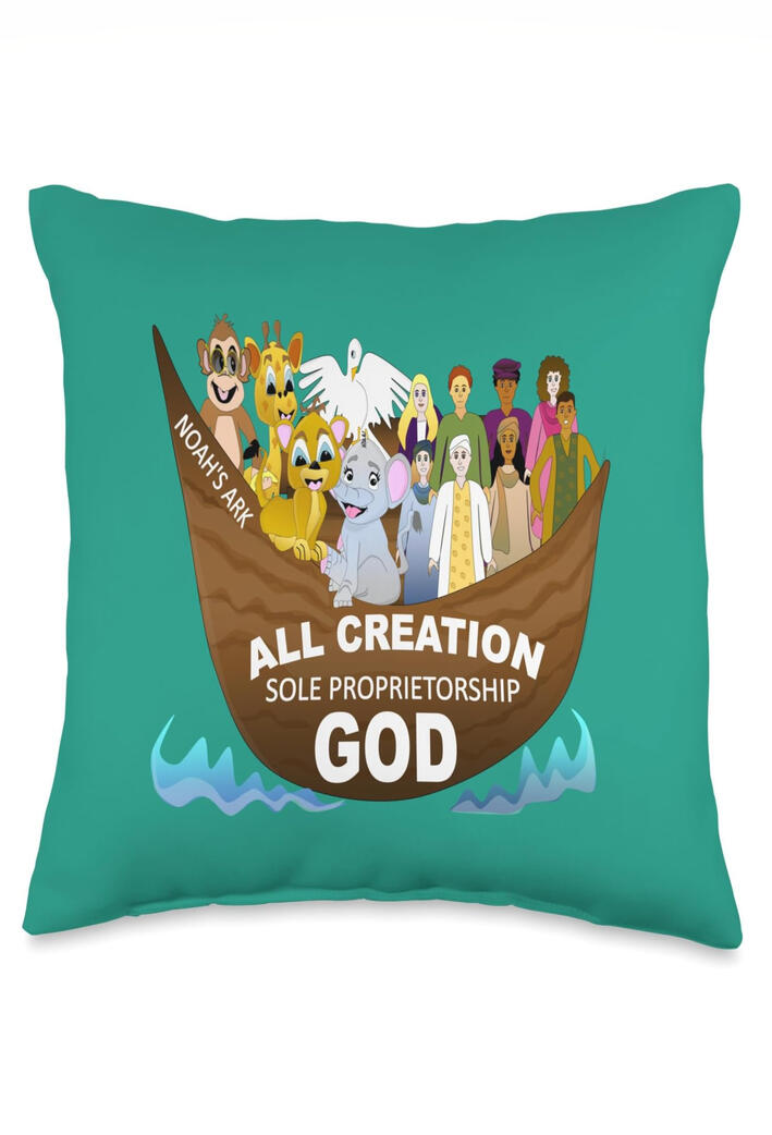 All Creation Sole Proprietorship God Christian Throw Pillow featuring Noah's Ark filled with animals & people in a cute, colorful design. This adorable faith-inspired pillow is a wonderful addition to a child's bedroom, nursery, playroom, or reading nook.