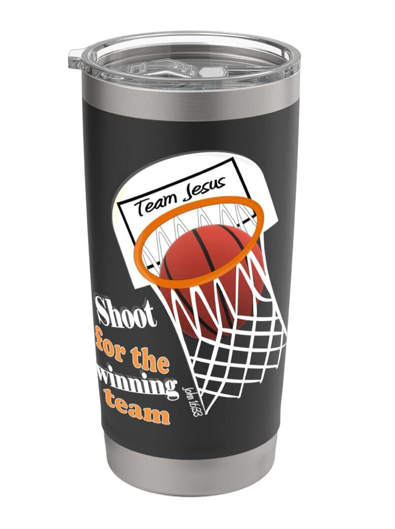 Team Jesus Basketball Hoop Christian Tumbler featuring a basketball swishing through the hoop and the inspiring message, "Shoot for the Winning Team." Perfect for basketball players, coaches, fans, and anyone who loves sharing their faith.