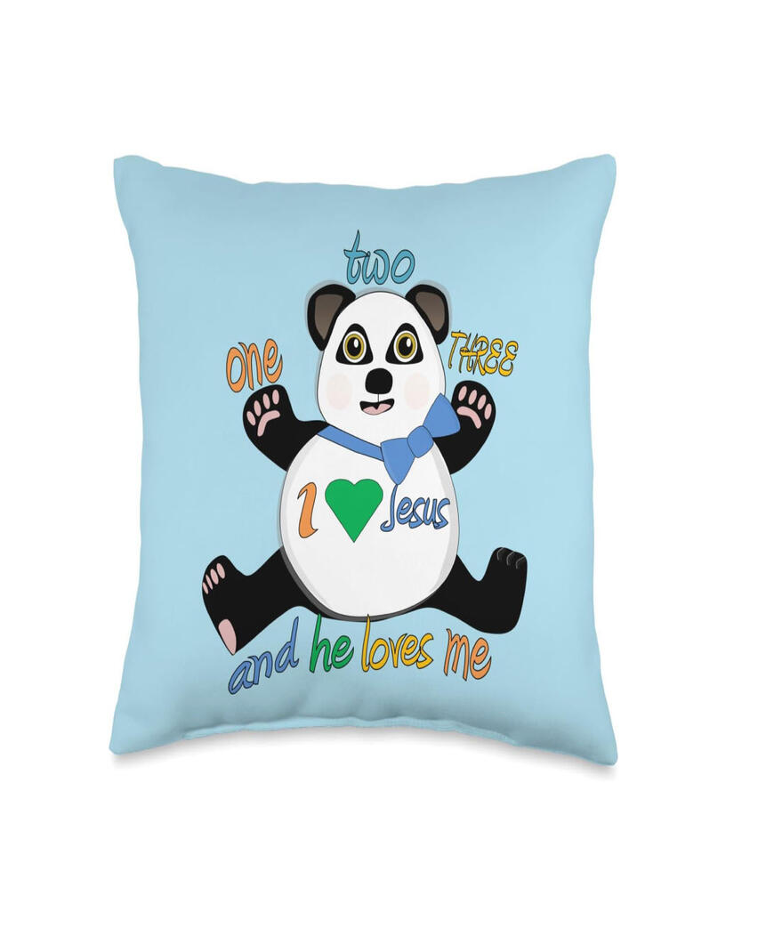 "One, Two, Three, I Love Jesus!" Blue Panda Throw Pillow Cute Christian Nursery & Kids Room Decor (Panda in a Blue Bow Tie)