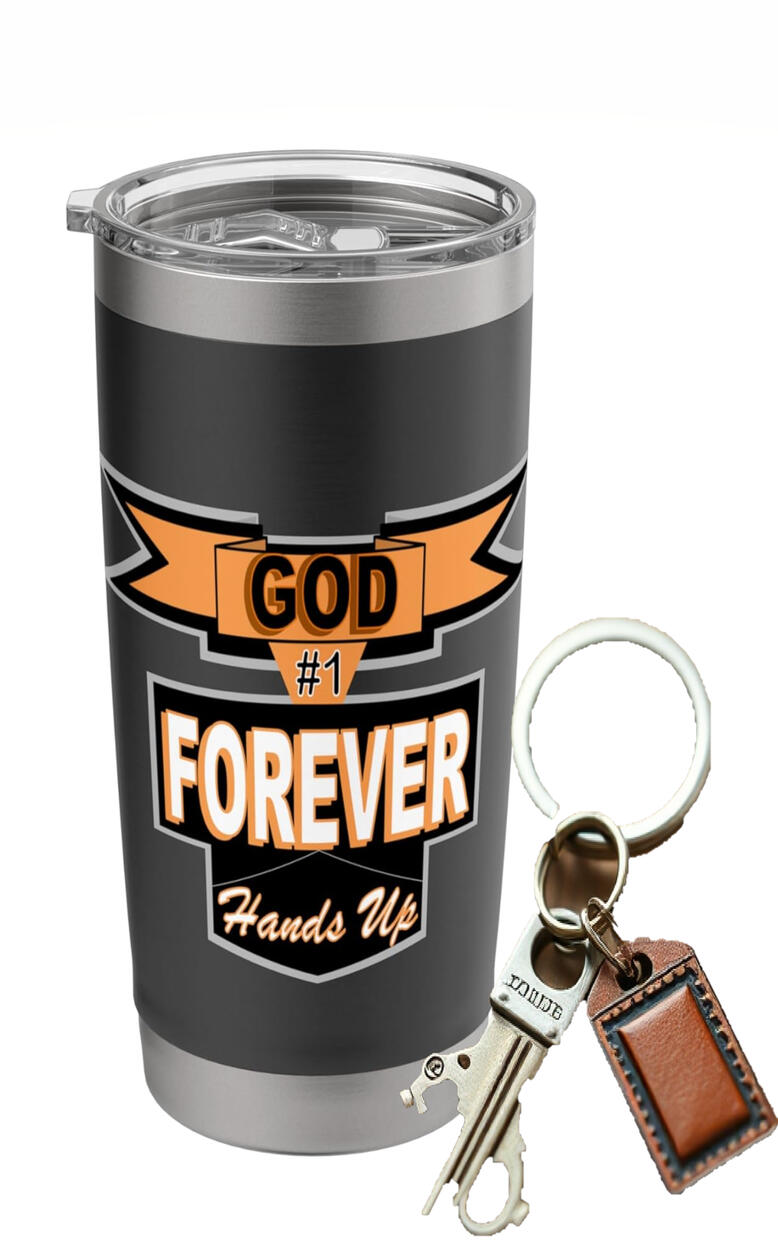God #1 Forever Hands Up Christian Tumbler featuring a Emblem and bold white and black lettering.