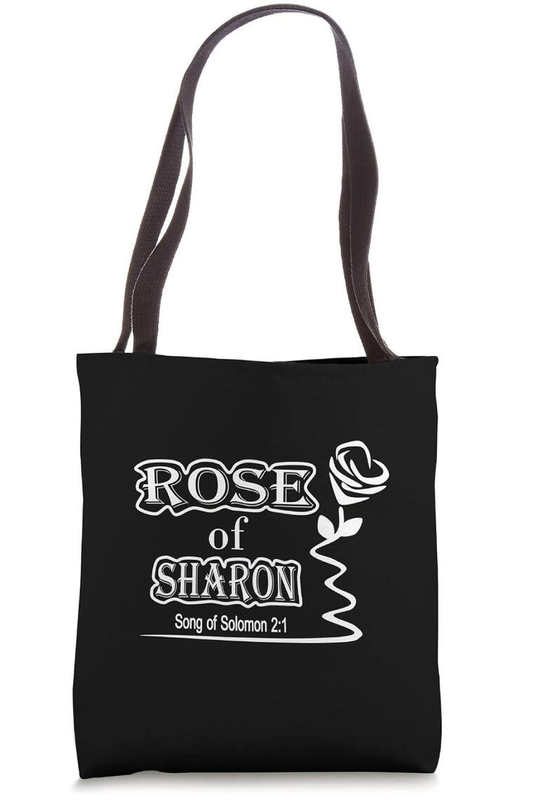 Rose of Sharon Christian Tote bag, featuring bold lettering, and a silhouette outline of a rose