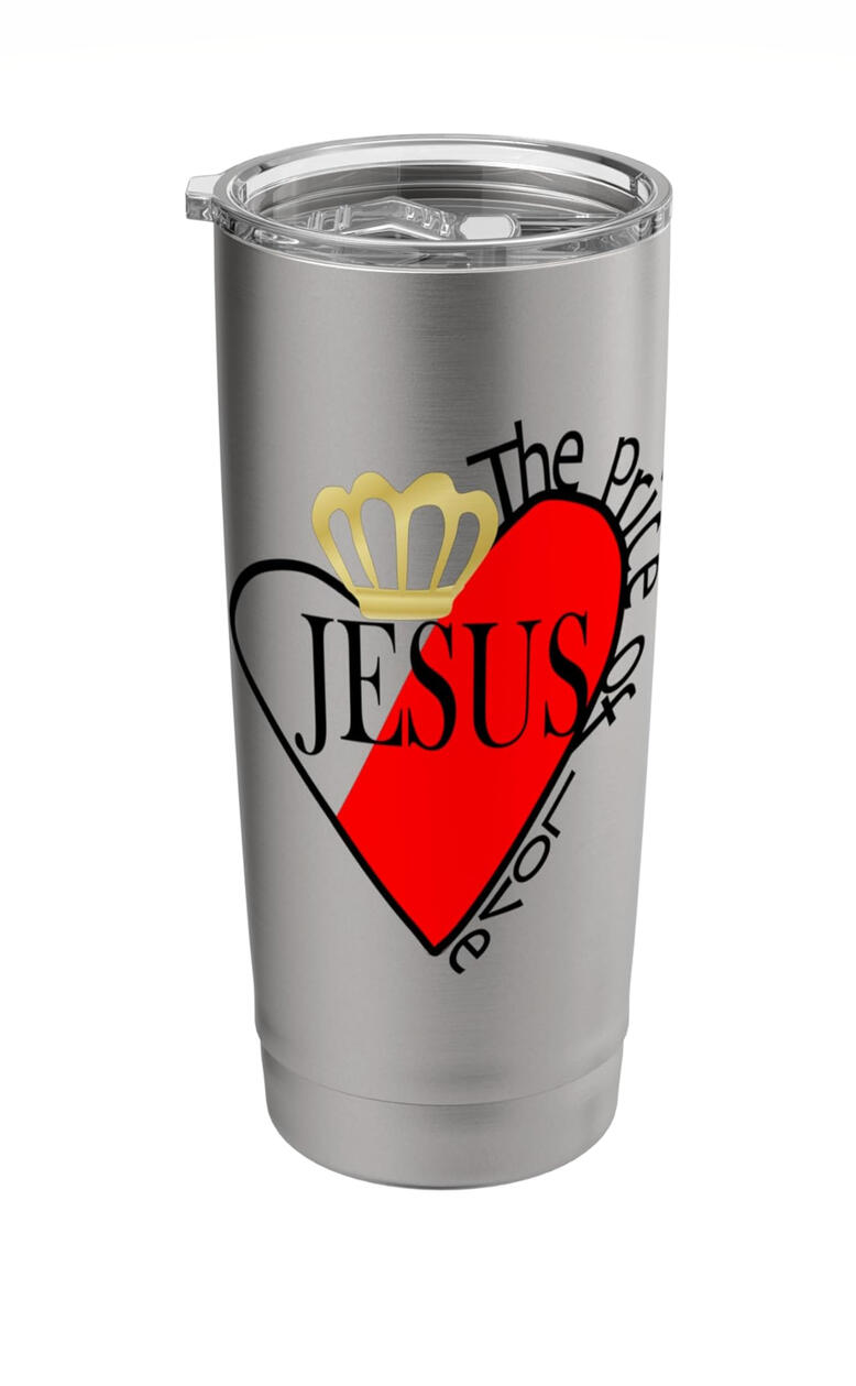 The Price of Love Jesus Christian Tumbler. Featuring a heart with a gold crown.