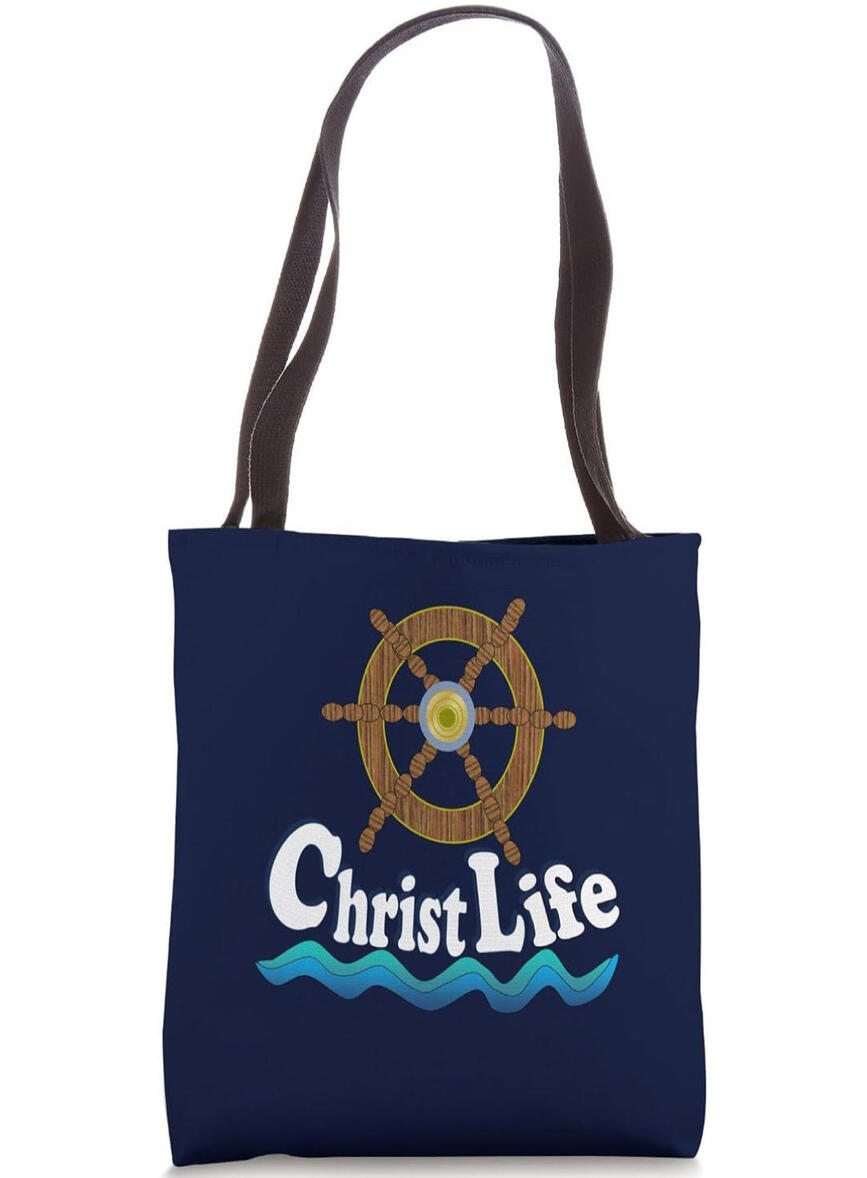 Christ Life Christian Tote Bag showcases a ship's navigation wheel and ocean waves, symbolizing guidance and faith. Perfect for carrying to church meetings, church events, workshops, seminars, or as a versatile everyday bag for groceries or the gym.